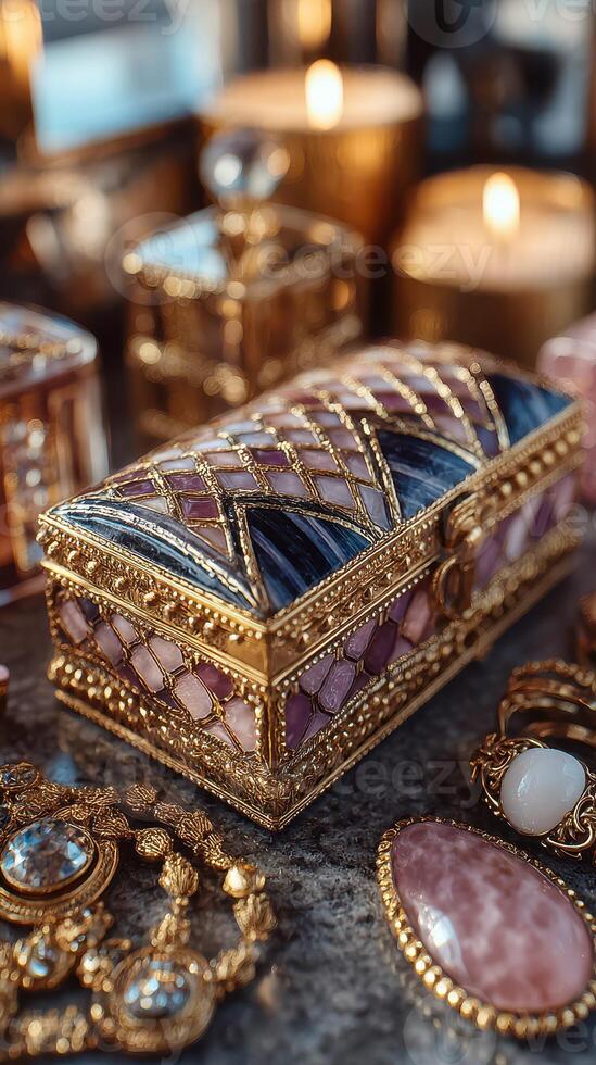 Intricately designed jewelry box surrounded by candles and various ornamental pieces in a softly lit setting photo