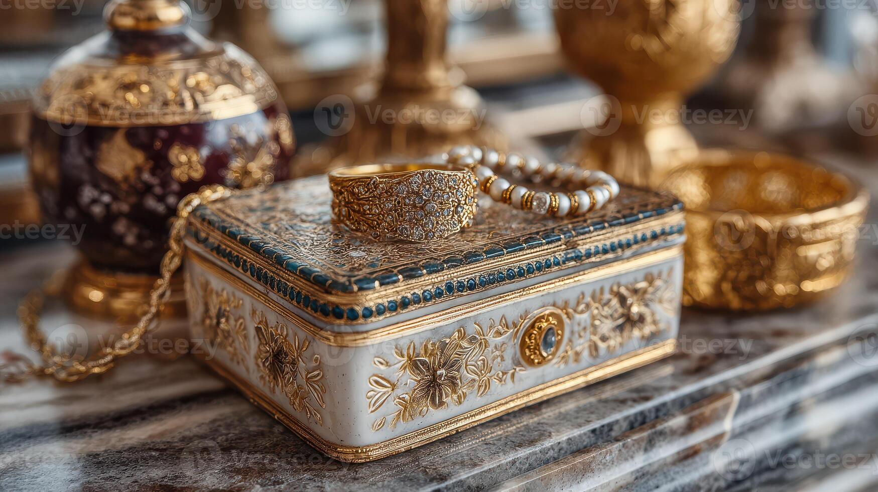 Intricately designed jewelry box adorned with pearls and gold, showcasing elegance and craftsmanship in an ornate setting photo