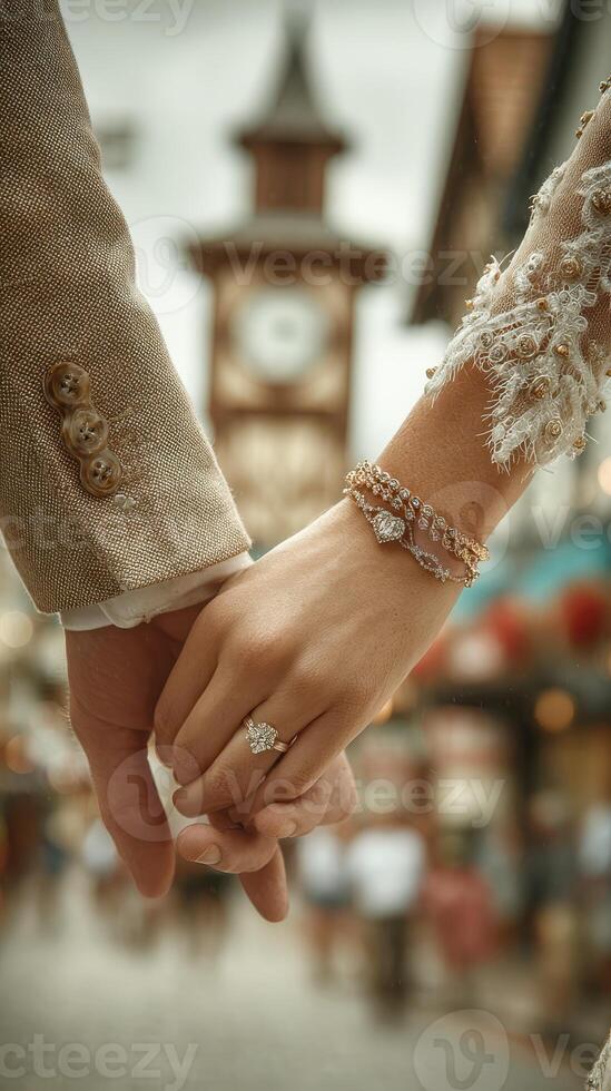 Couple holding hands with rings in front of a clock tower during a cloudy day photo
