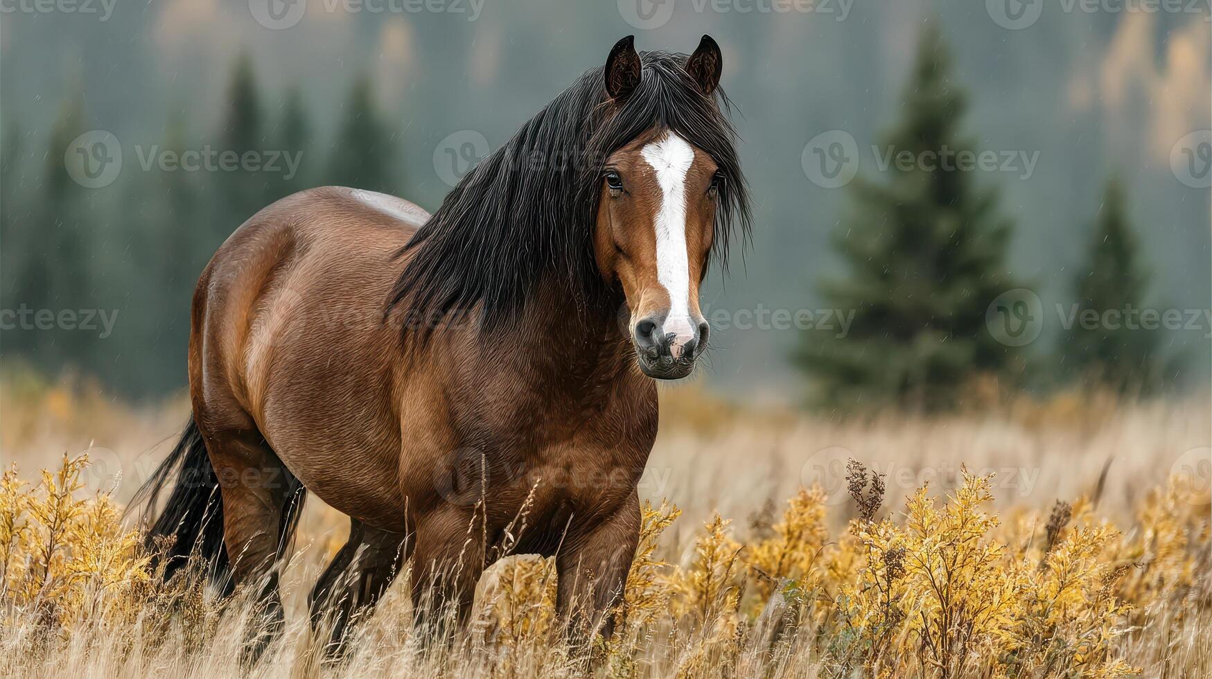Majestic brown horse standing in a vibrant grassland during autumn with trees in the background photo