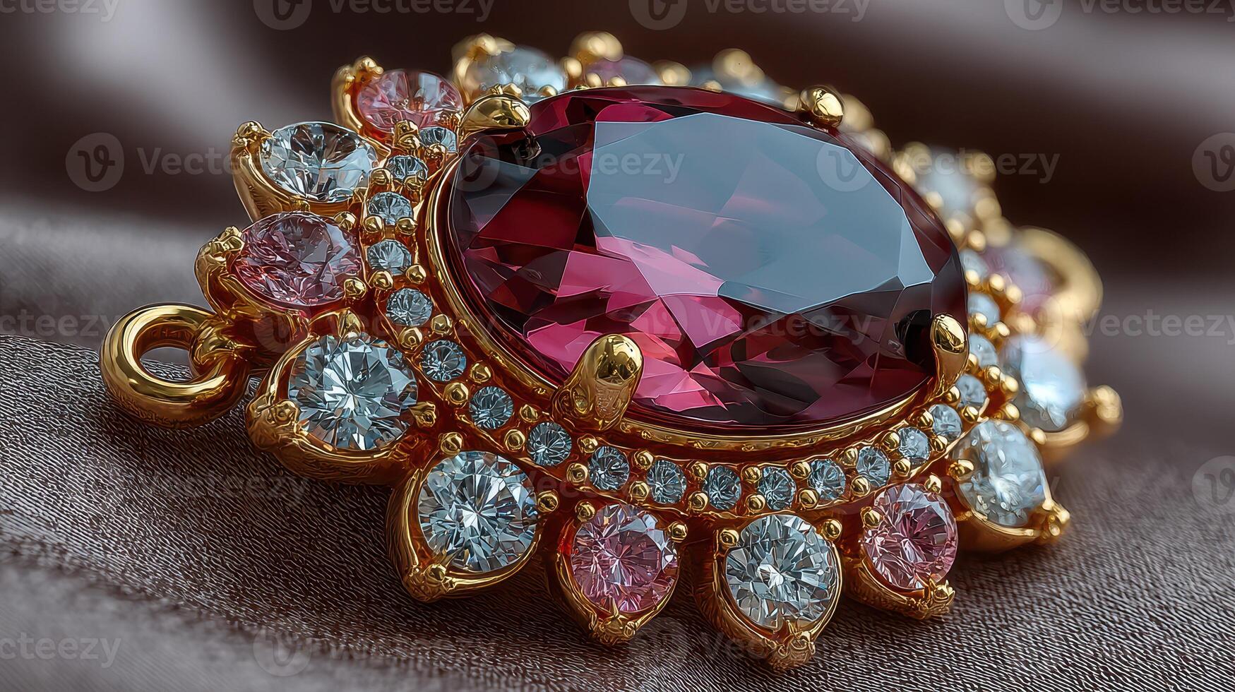 Elegant gemstone pendant with intricate gold design and sparkling diamonds on silk background photo