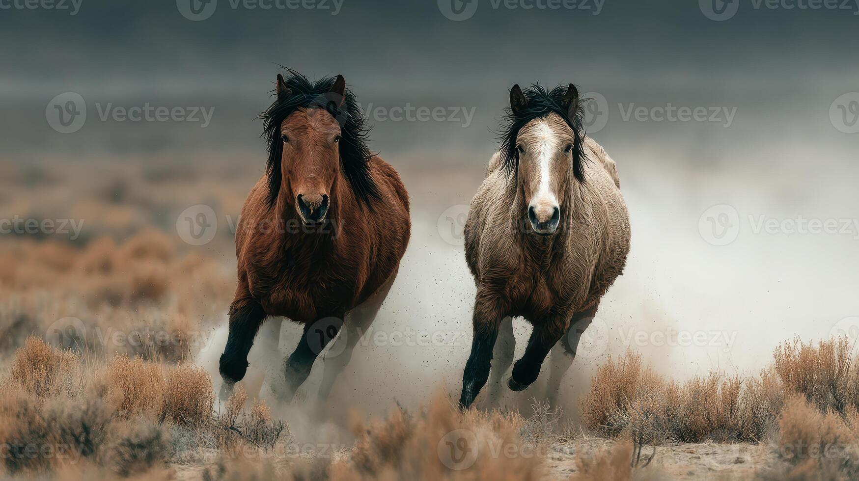 Wild horses run freely across a dusty plain during early morning light in a remote landscape photo