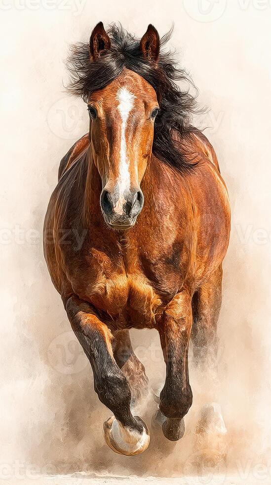 Brown horse galloping through dusty terrain under bright sunlight in open field photo