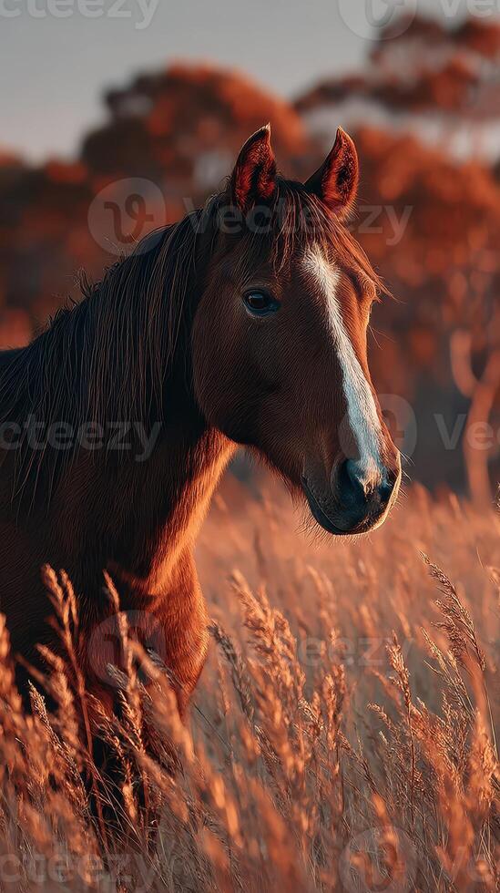 Majestic horse stands gracefully in golden grass during sunset in a tranquil setting photo