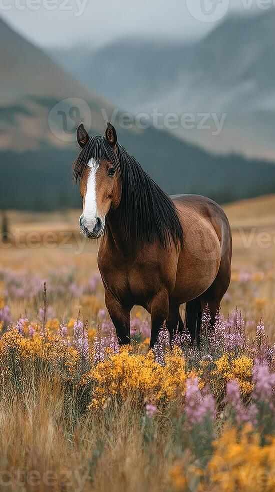 Brown horse standing among wildflowers in a mountainous landscape during early morning light photo