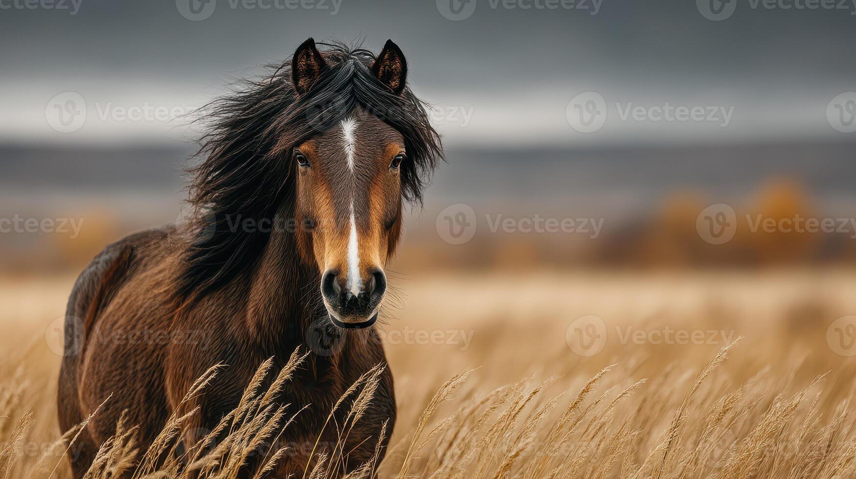 Majestic brown horse with flowing mane stands gracefully in golden field during overcast day photo