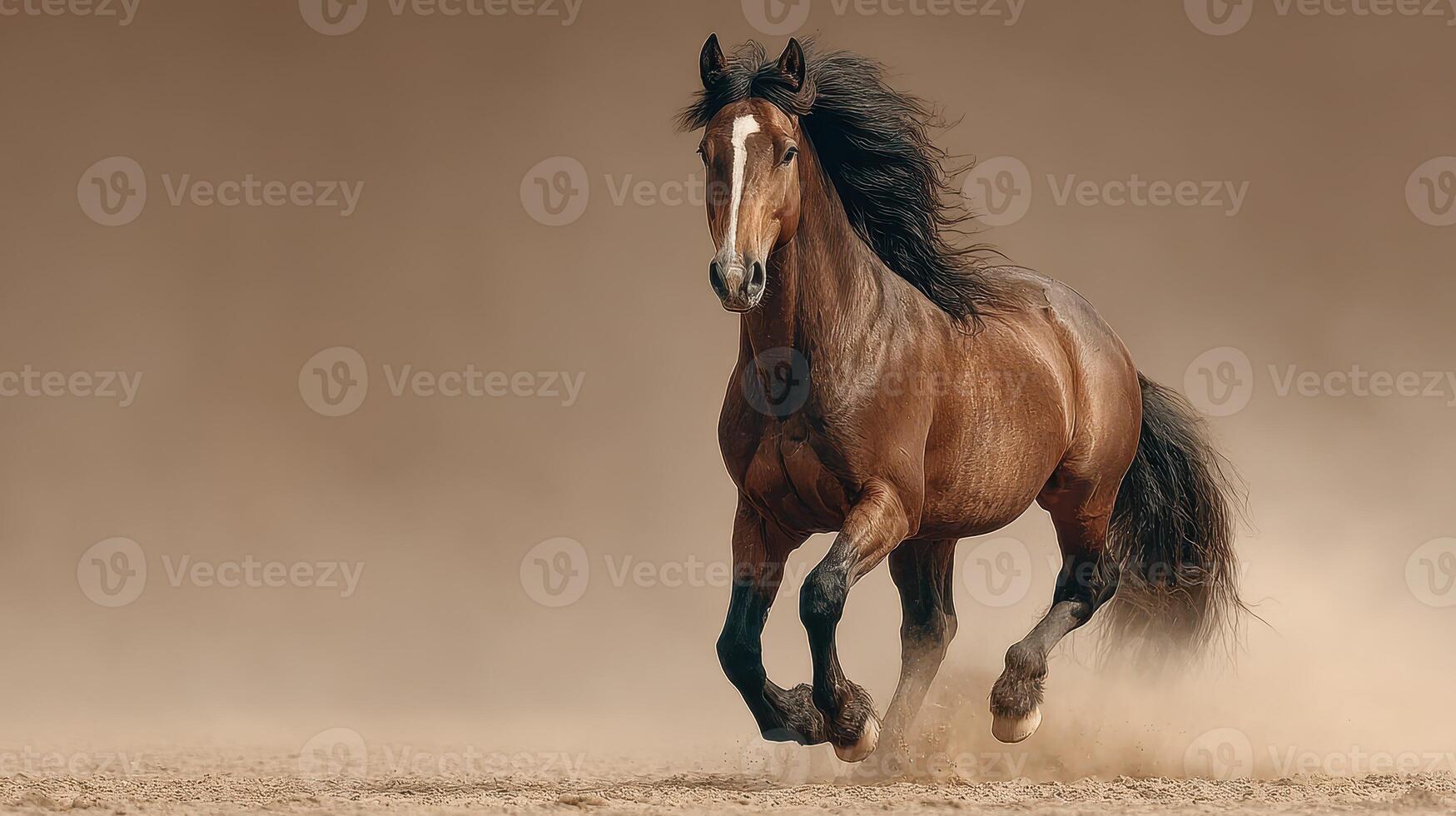 Majestic brown horse galloping across a sandy landscape at sunset under soft golden light photo
