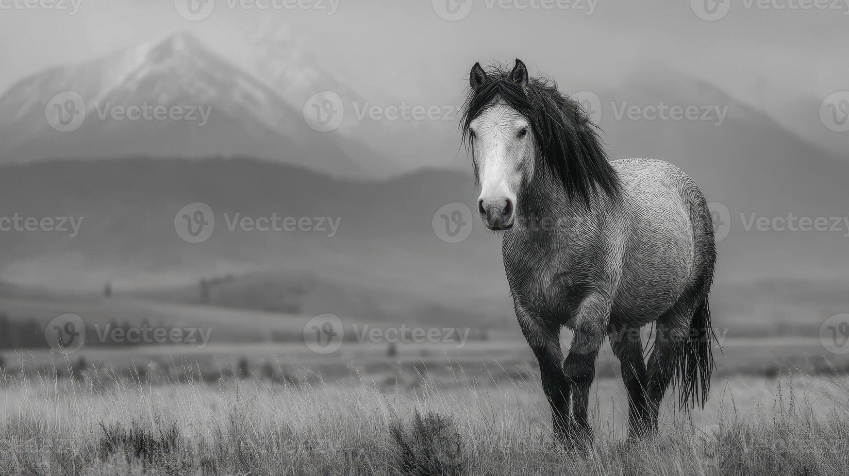 Majestic horse stands gracefully in the field with mountains in the background during cloudy weather photo