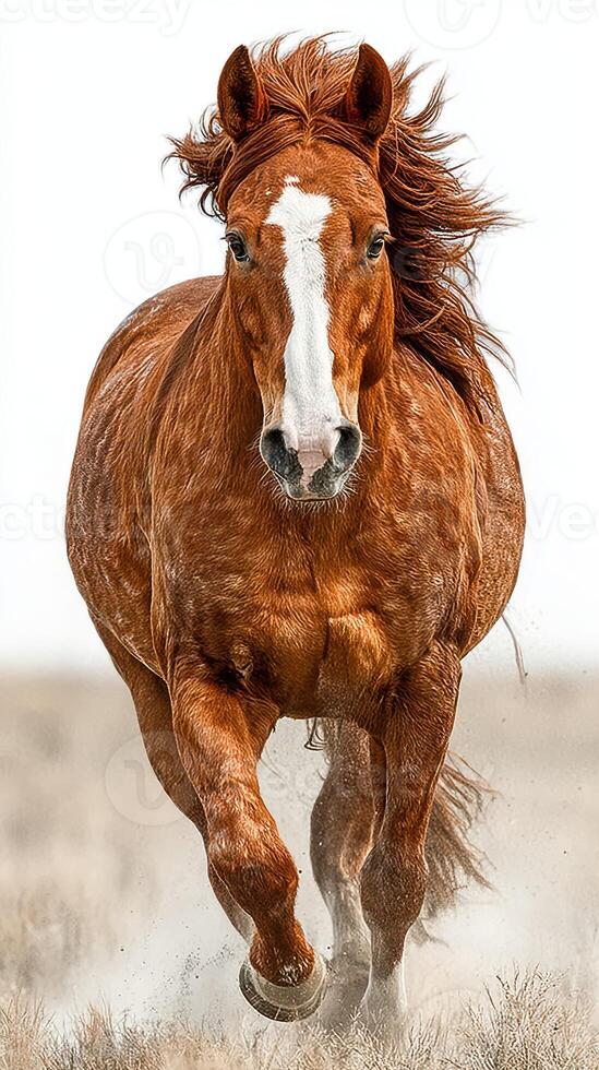 Majestic chestnut horse galloping through open fields against a clear sky in the afternoon light photo
