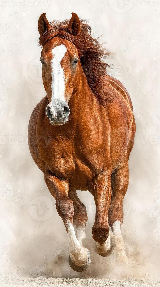 Majestic chestnut horse galloping through sandy terrain at sunset photo