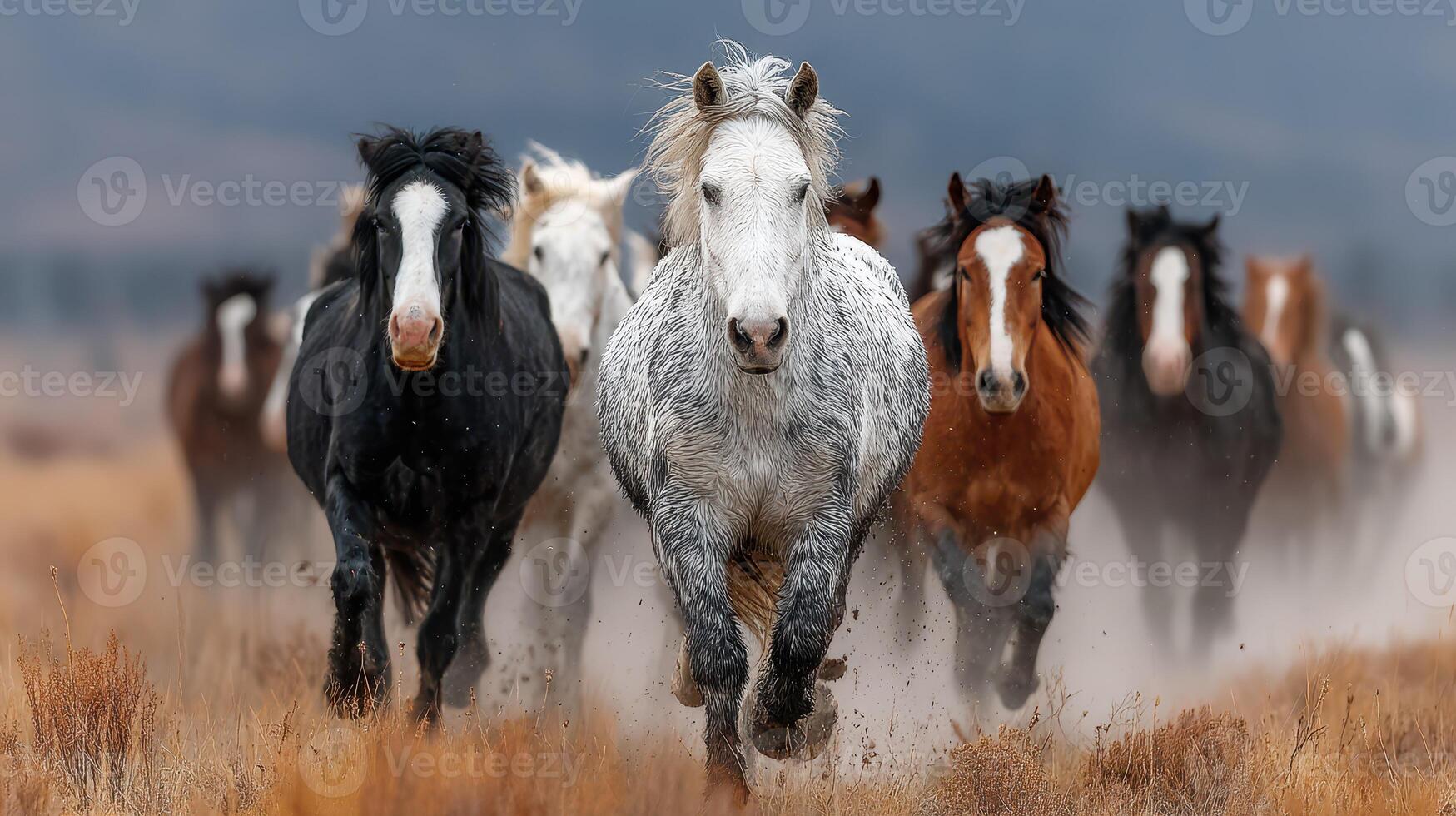 Herd of wild horses running across the plains with dust rising under a cloudy sky in early morning light photo