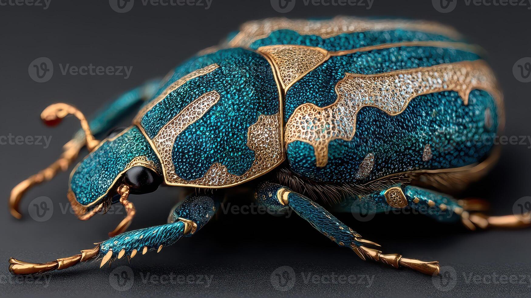 Intricate close-up of a colorful beetle showcasing detailed metallic patterns and vibrant hues on a dark background photo