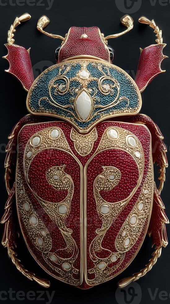 Exquisite beetle design featuring intricate gold and gemstone detailing on a black backdrop photo