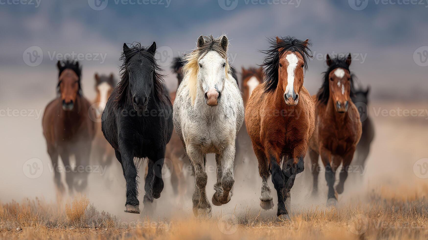 Majestic herd of wild horses running across a dusty plain under a dramatic sky in the late afternoon photo