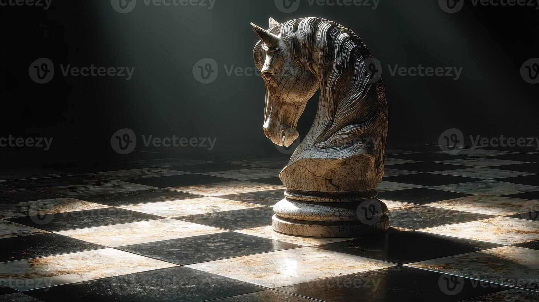Intricate marble chess knight gleams under soft light on checkerboard surface photo