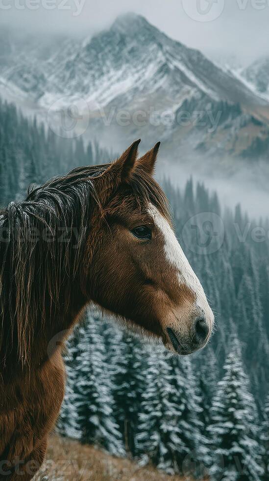 Majestic brown horse stands in serene mountain landscape with snow-capped peaks and evergreen forests during a foggy morning photo