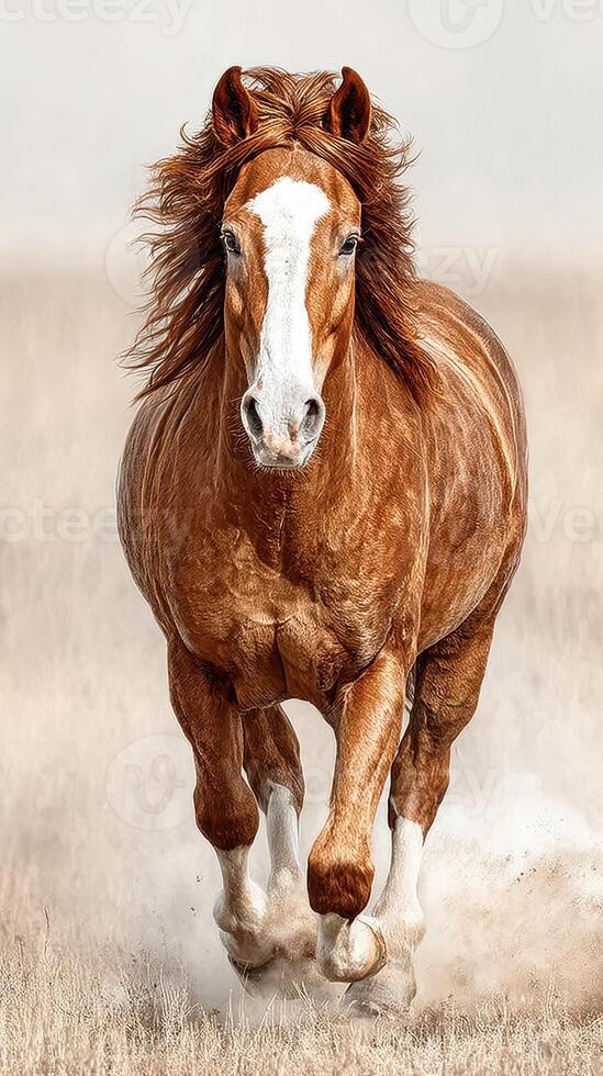 Majestic chestnut horse running freely across an open field on a sunny day in spring photo