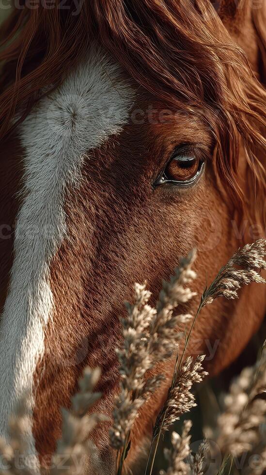 Majestic horse gazes through tall grass at sunset in a serene countryside landscape photo