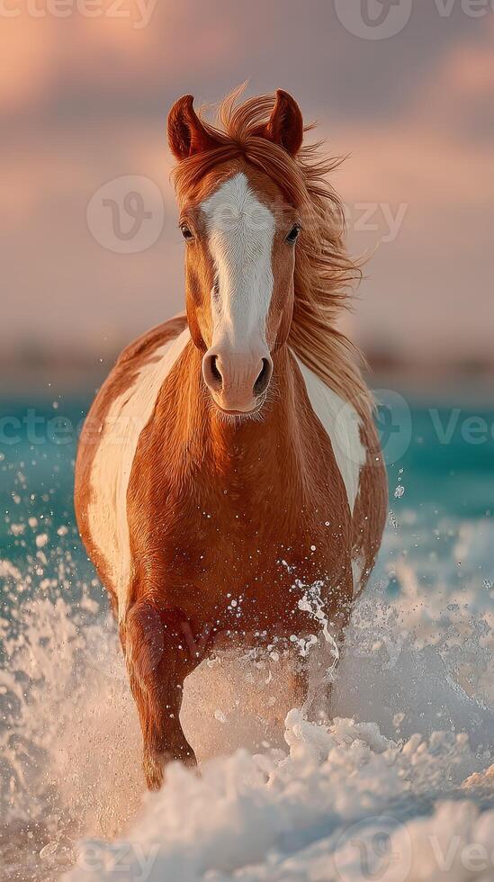 Horse running through the ocean waves at sunset, showcasing strength and beauty in motion photo