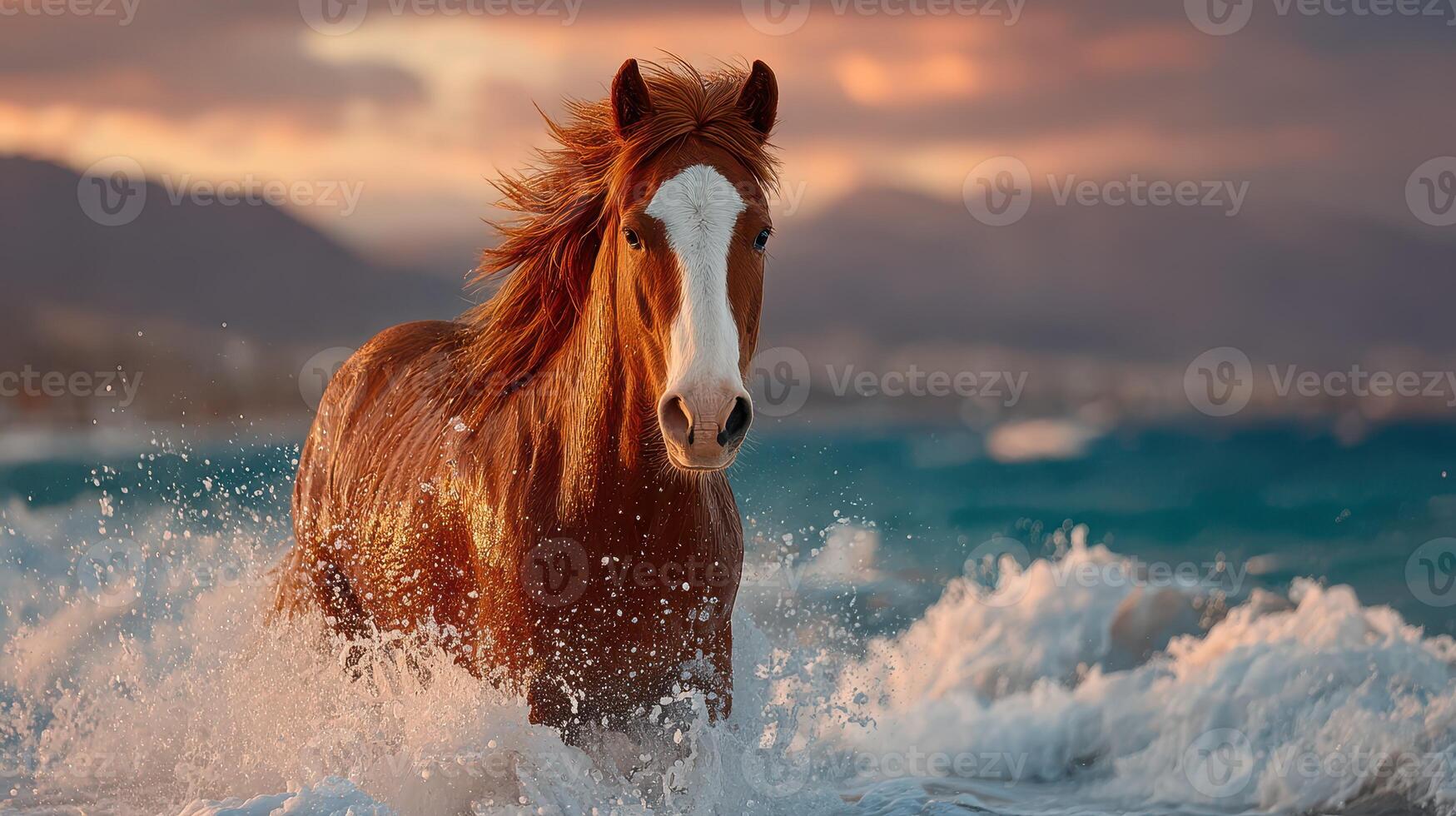 Horse runs through waves at sunset on a beach with mountains in the background photo