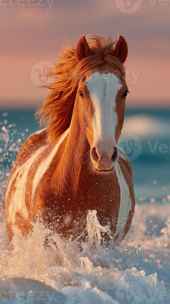 Horse galloping through ocean waves at sunset in a serene beach setting photo