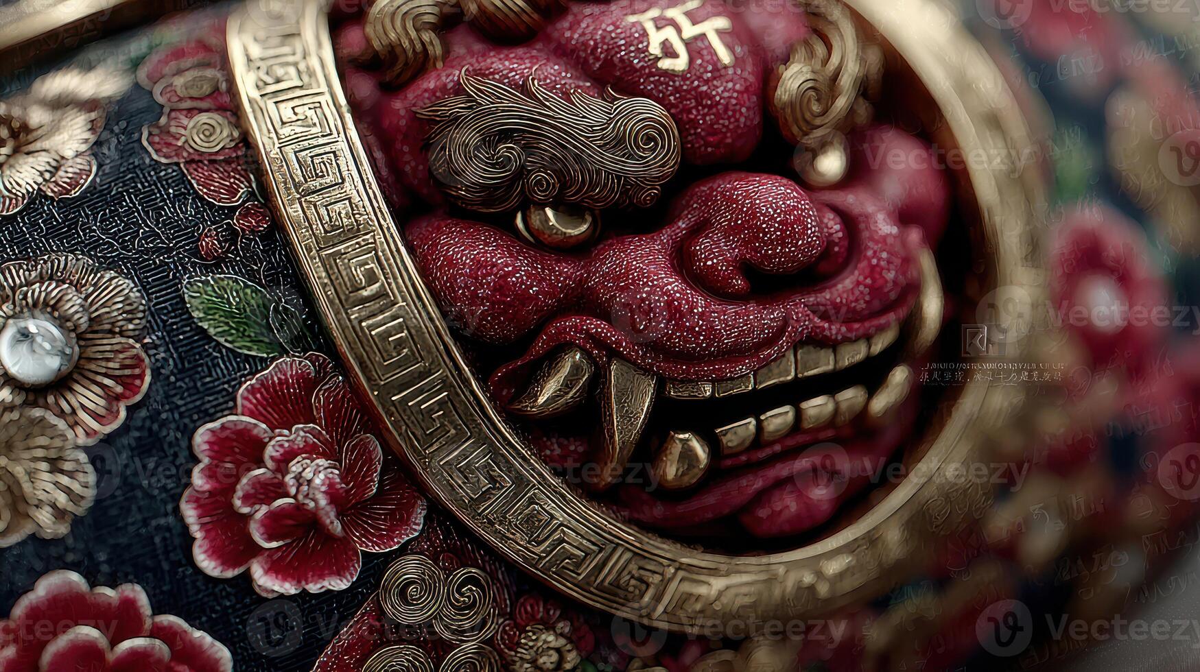 Intricate details of a traditional Japanese lion dance mask with floral patterns and ornate designs displayed in cultural celebration photo