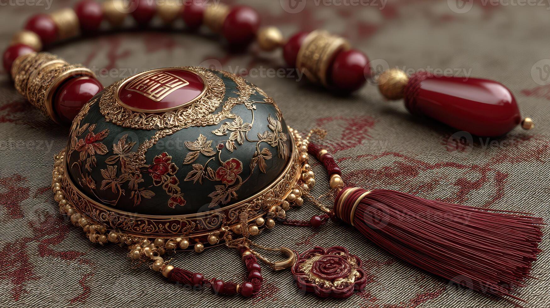 Intricate traditional jewelry piece with floral design and rich colors displayed against a textured background photo