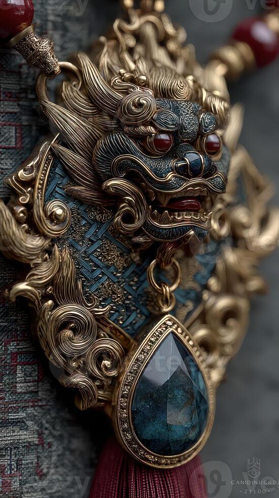 Intricate dragon ornament with blue and gold detailing displayed against textured background photo
