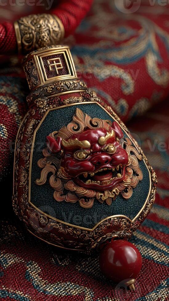 Ornate pendant featuring a dragon motif rests on an intricately patterned fabric backdrop showcasing traditional craftsmanship photo