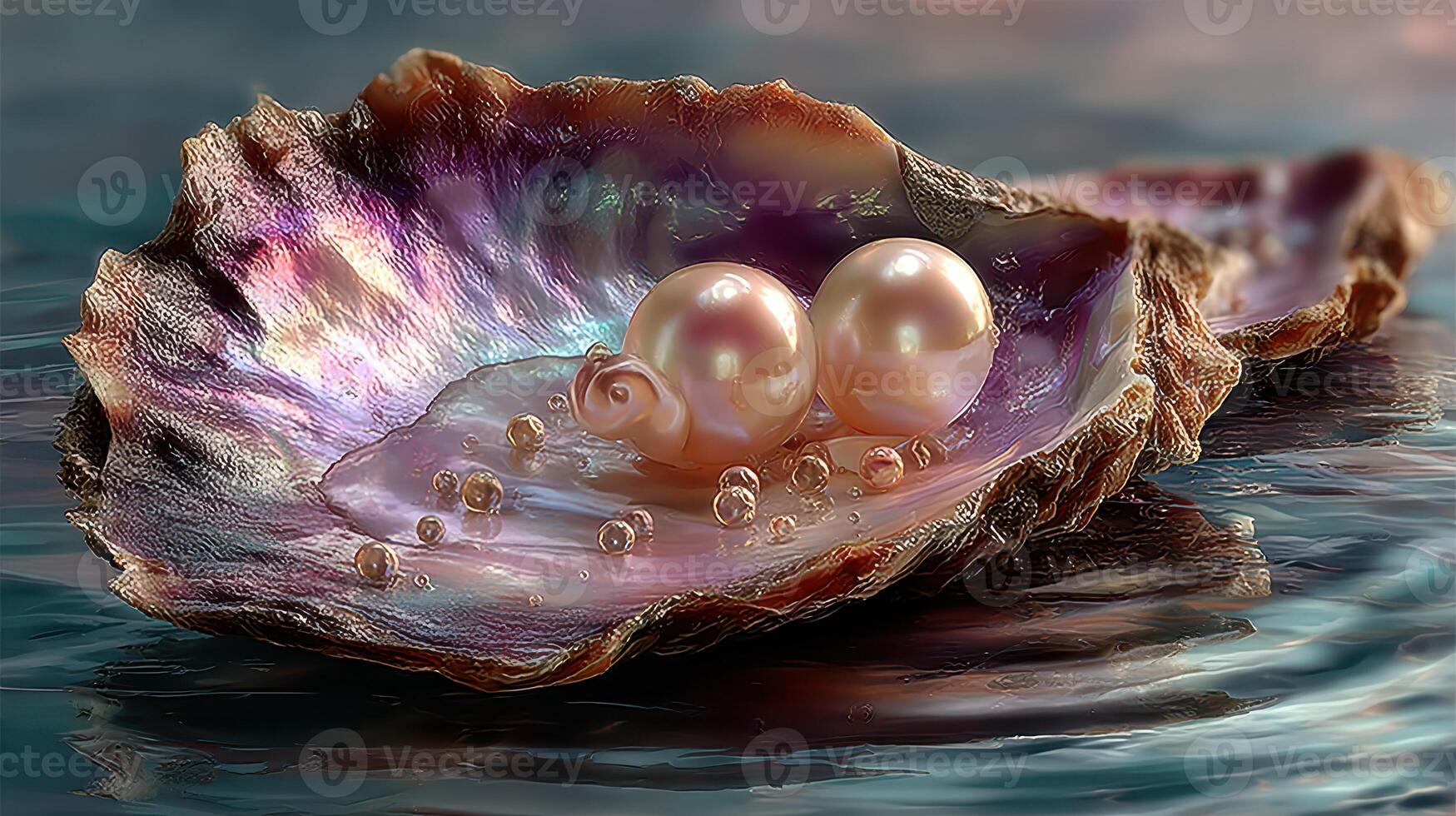 Beautiful iridescent oyster shell with pearls resting on calm water surface during sunset photo