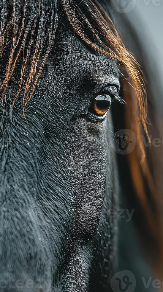 Close-up view of a black horse's expressive eye capturing its majestic beauty in soft natural light photo