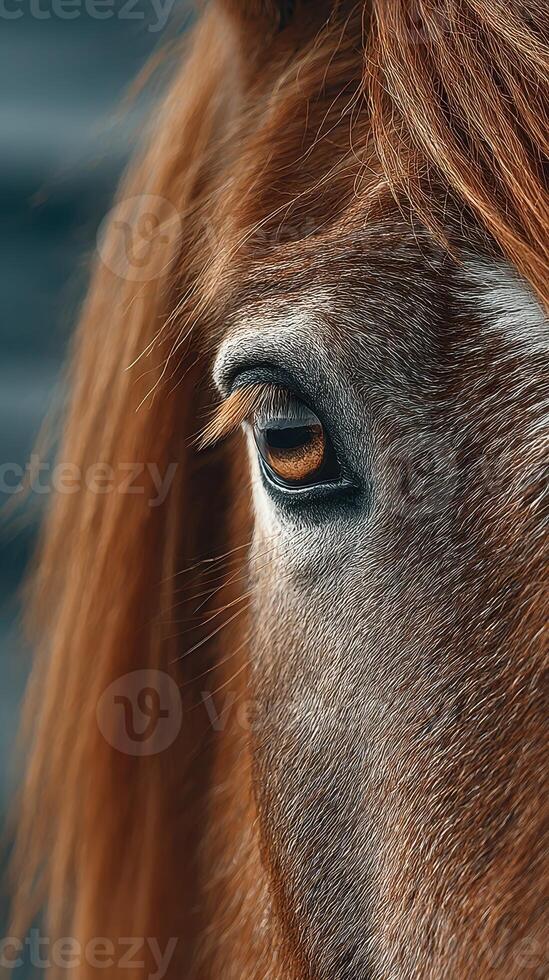 Close-up of a chestnut horse's eye highlighting its beauty and depth at a serene location during golden hour photo