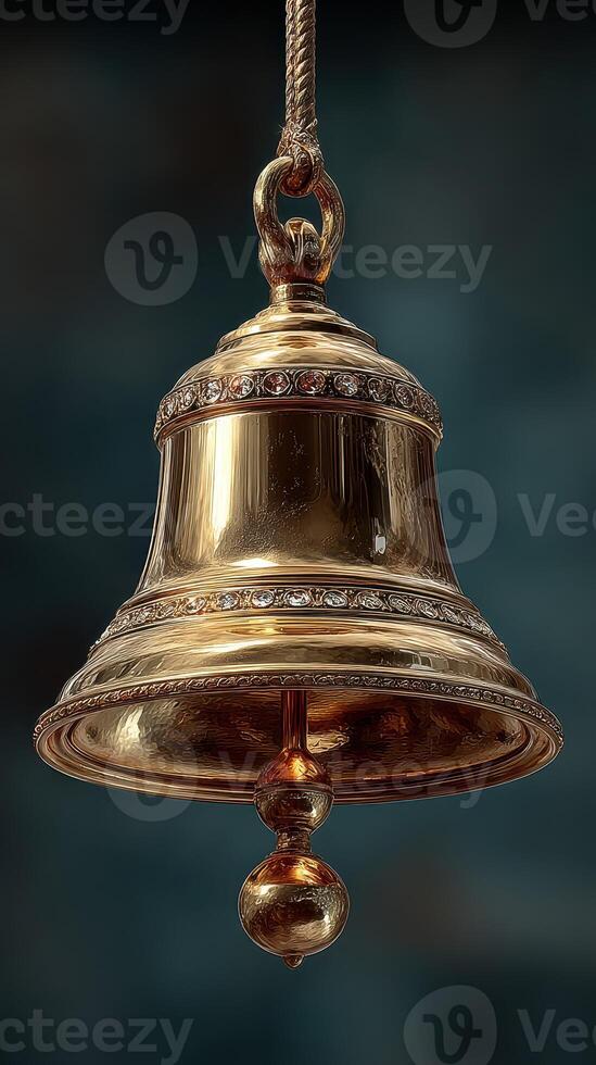 Elegant brass bell hanging from a rope against a blurred blue background, showcasing intricate designs and craftsmanship photo