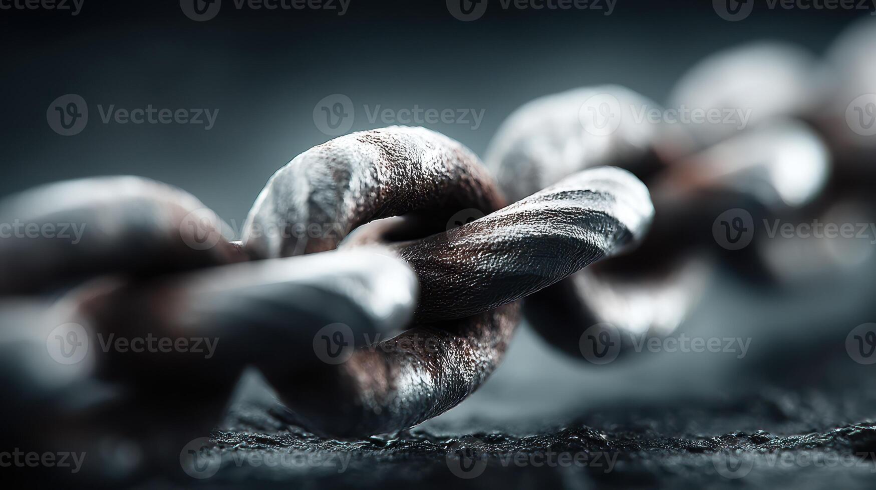 Close-up of a weathered metal chain resting on a dark surface highlighting texture and strength photo
