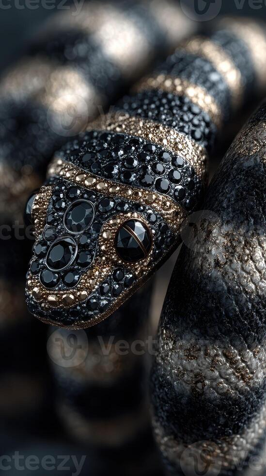 Intricate design of a snake adorned with decorative gems and shiny textures in a close-up view photo