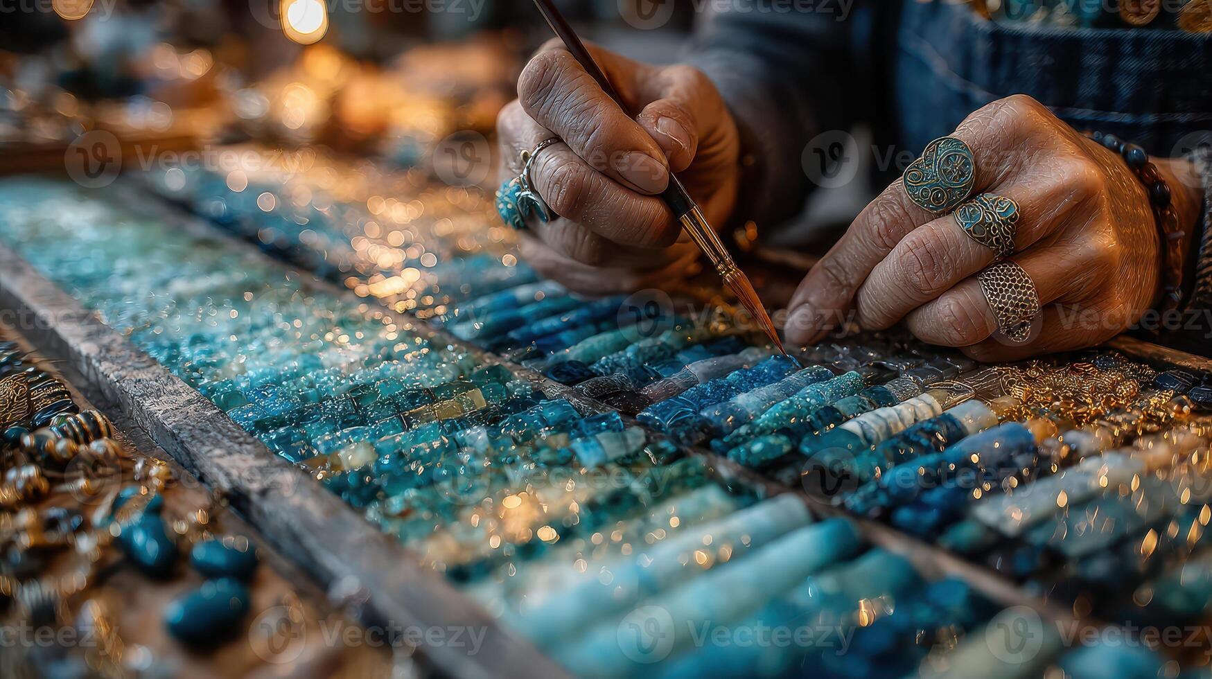 Crafting intricate jewelry with blue gemstones in a bustling artisan workshop at sunset photo