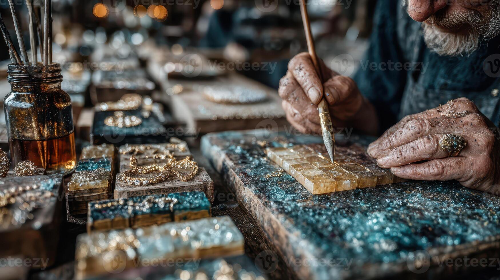 Crafting intricate jewelry in a bustling artisan workshop during the late afternoon glow photo