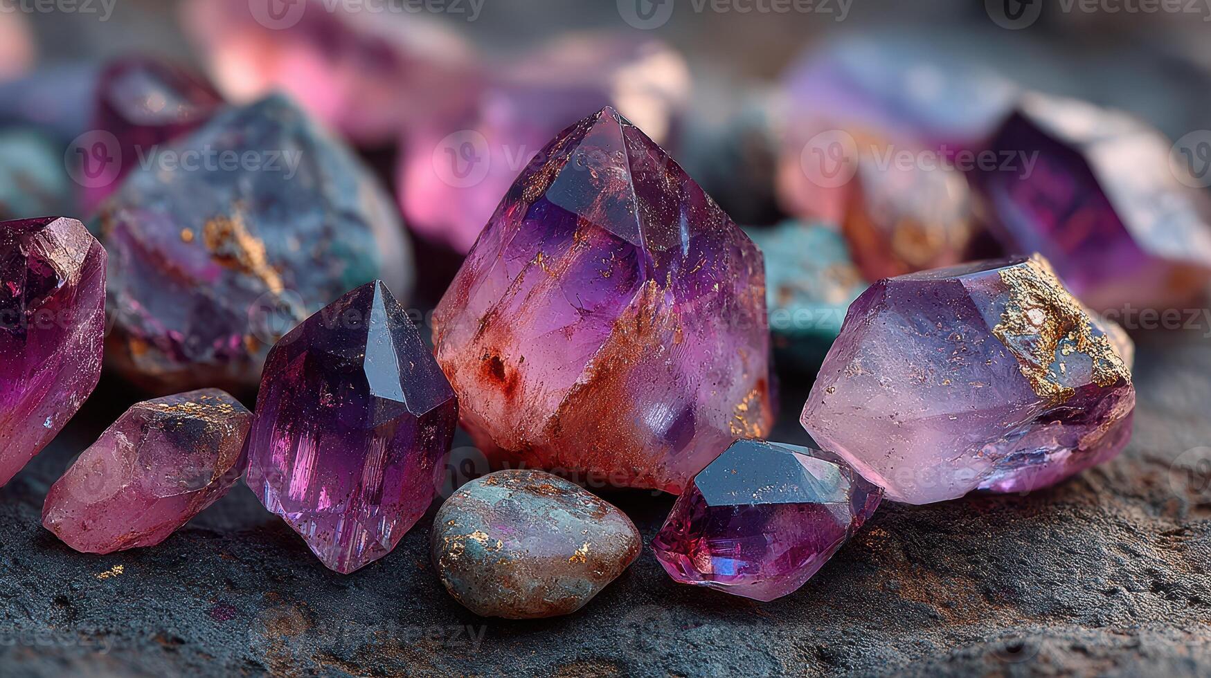 Colorful amethyst crystals scattered on a dark rocky surface showcasing their natural beauty and unique shapes during daylight photo