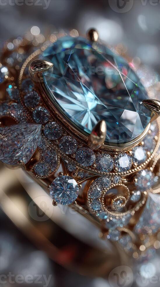 Exquisite golden ring with a large aquamarine stone and intricate diamond detailing showcased elegantly photo