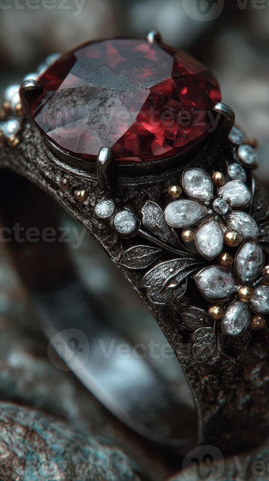 Exquisite jewelry ring featuring a large ruby gemstone and intricate floral design in natural light setting photo