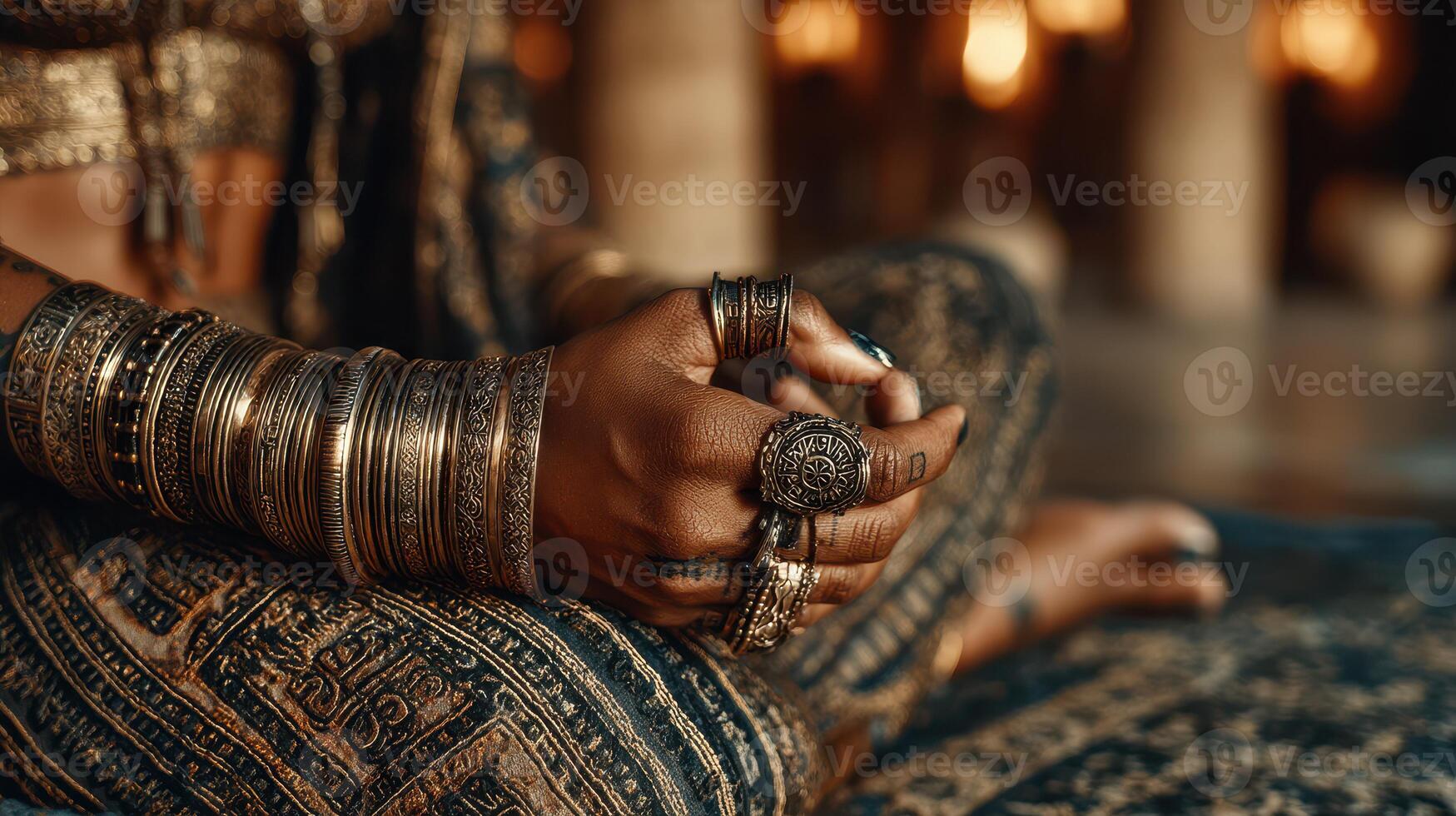 Detailed close-up of hands adorned with intricate jewelry, showcasing cultural heritage in an ornate setting during evening light photo