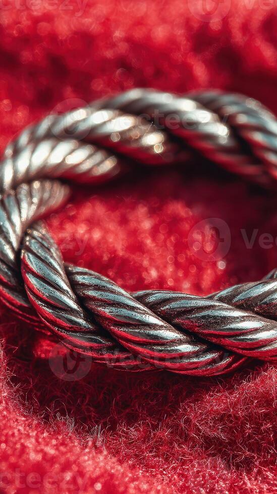 Intricately woven silver ring resting on a vibrant red fabric background showcasing detailed craftsmanship photo