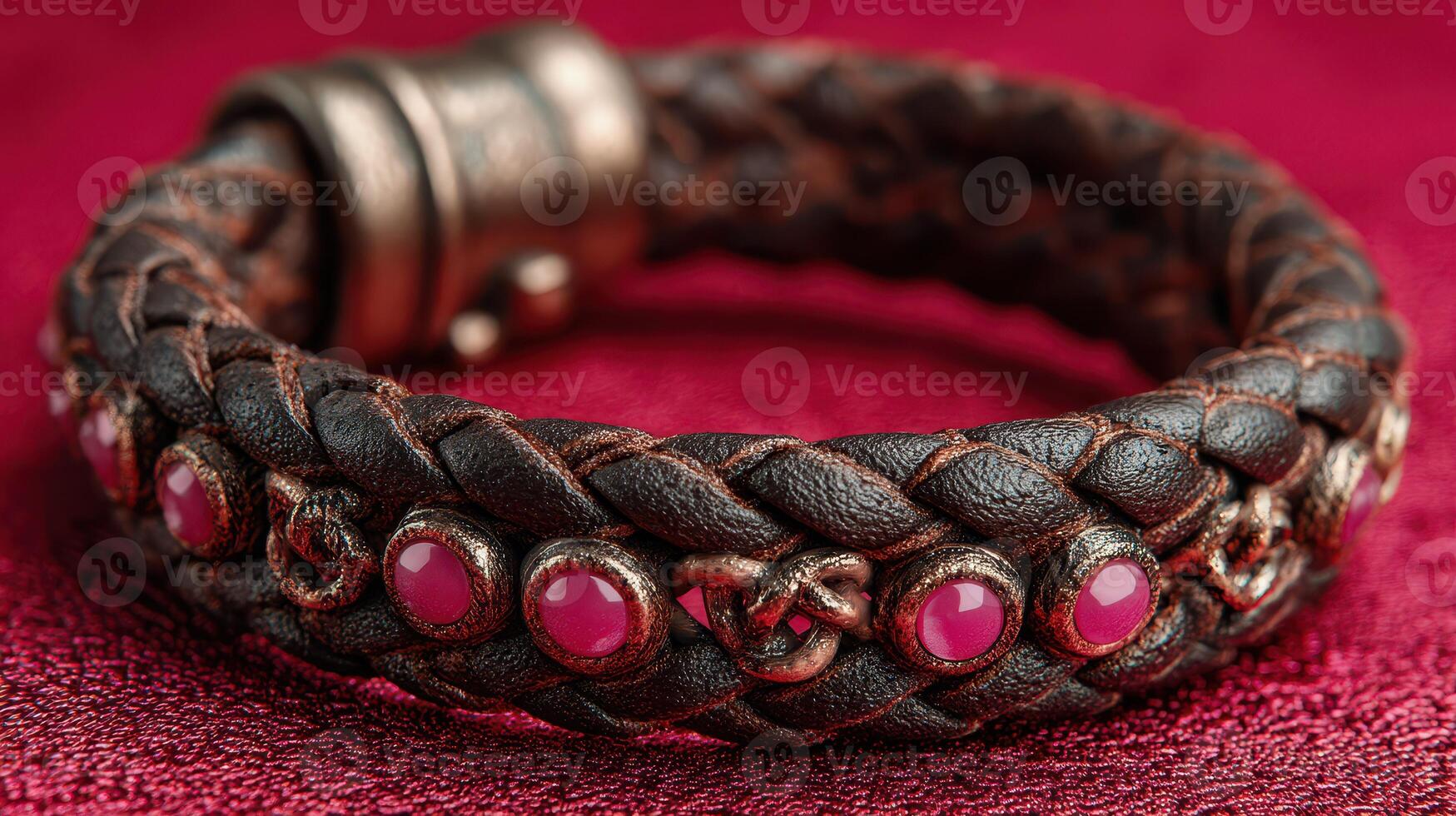 Unique leather bracelet design featuring intricate braided patterns and red gemstones suitable for casual or formal occasions photo