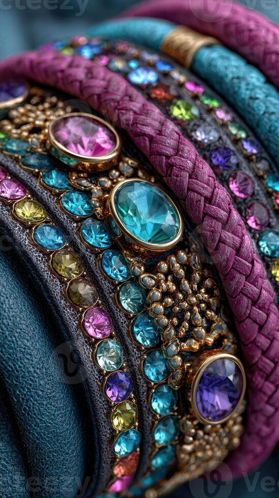 Colorful and stylish bracelets with crystals displayed on a textured surface photo