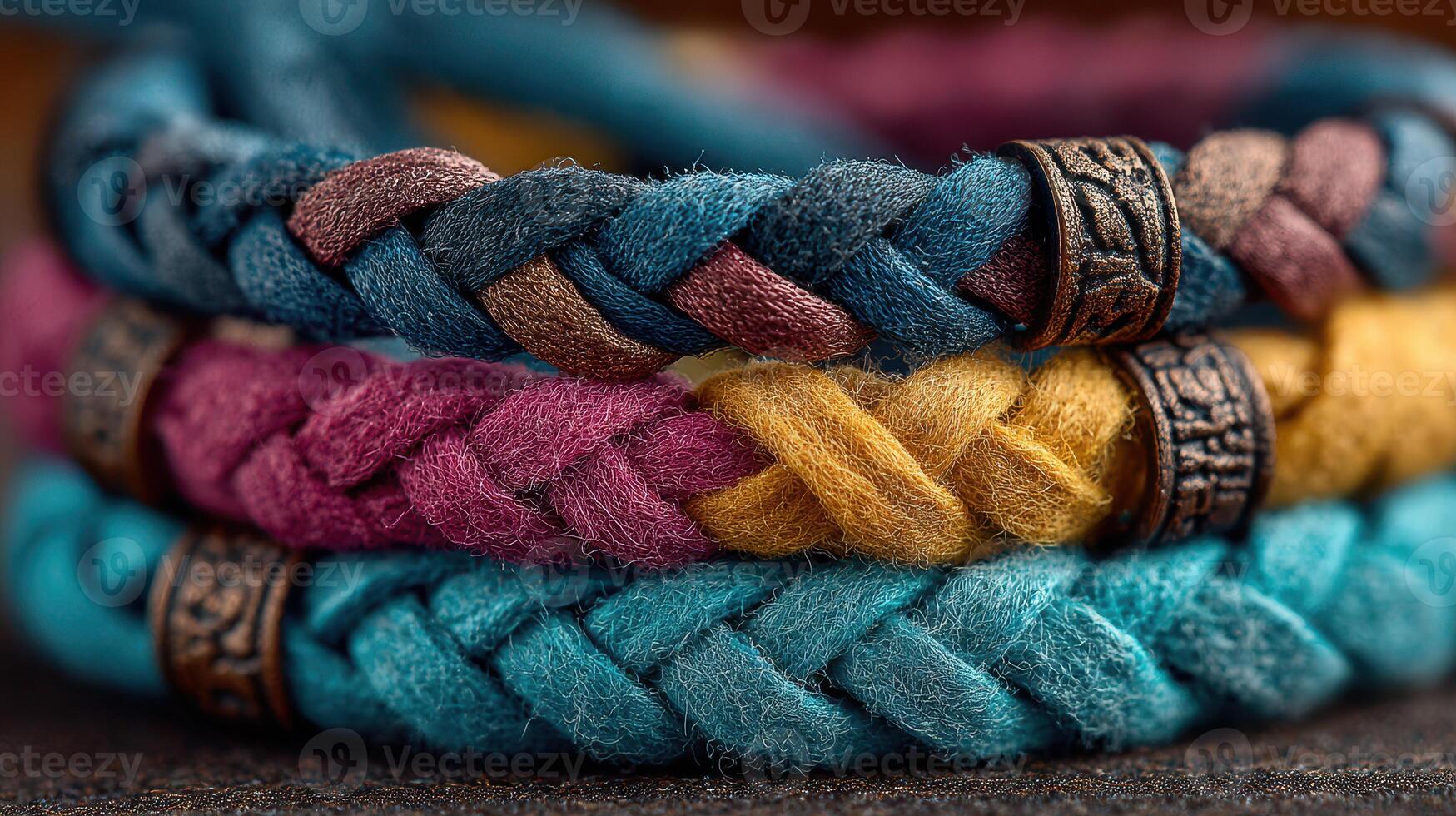 Colorful braided bracelets displayed in layers showcasing intricate design and texture photo