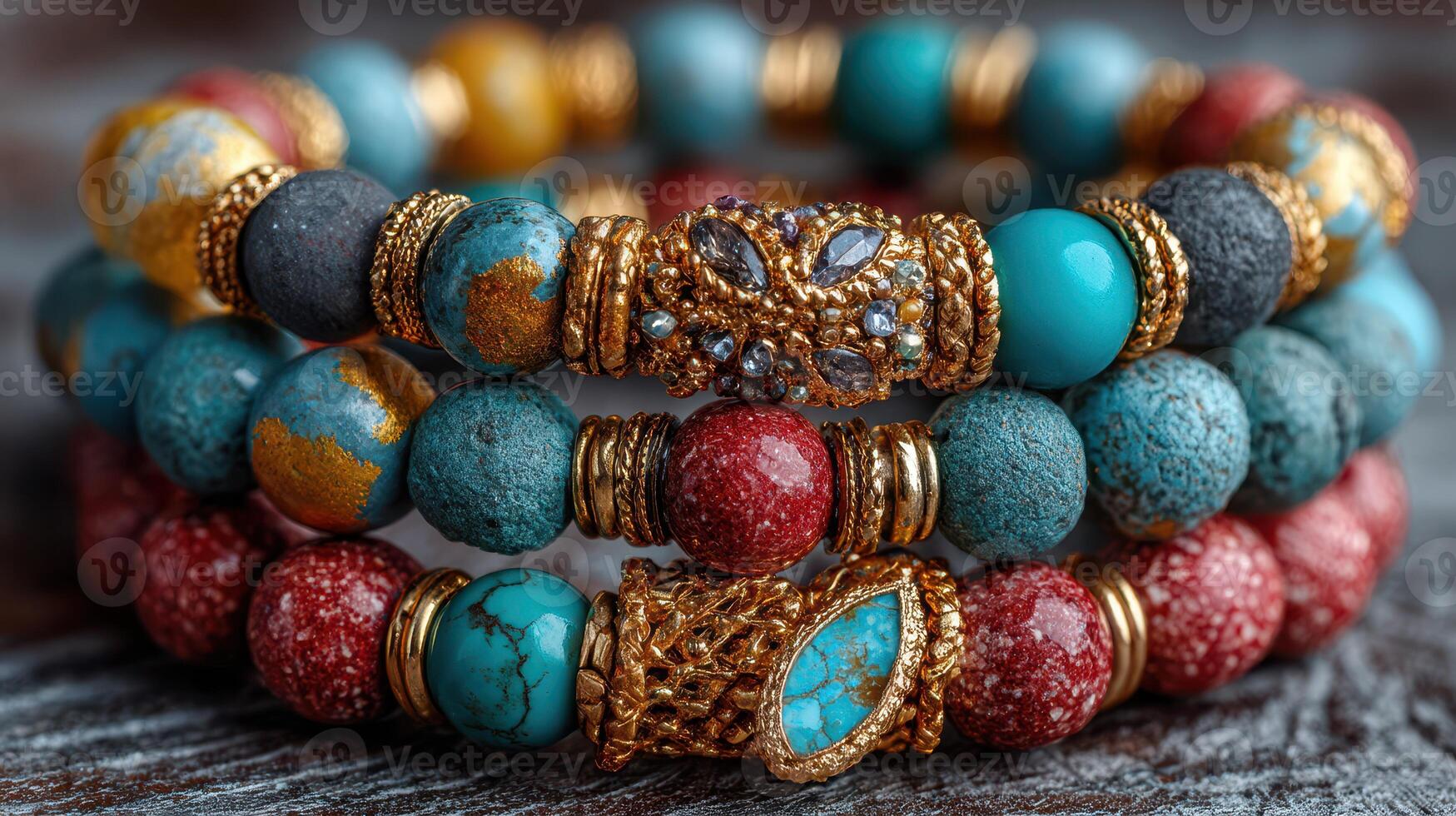 Colorful handmade beaded bracelets featuring turquoise, red stone, and golden accents on a textured wooden surface photo
