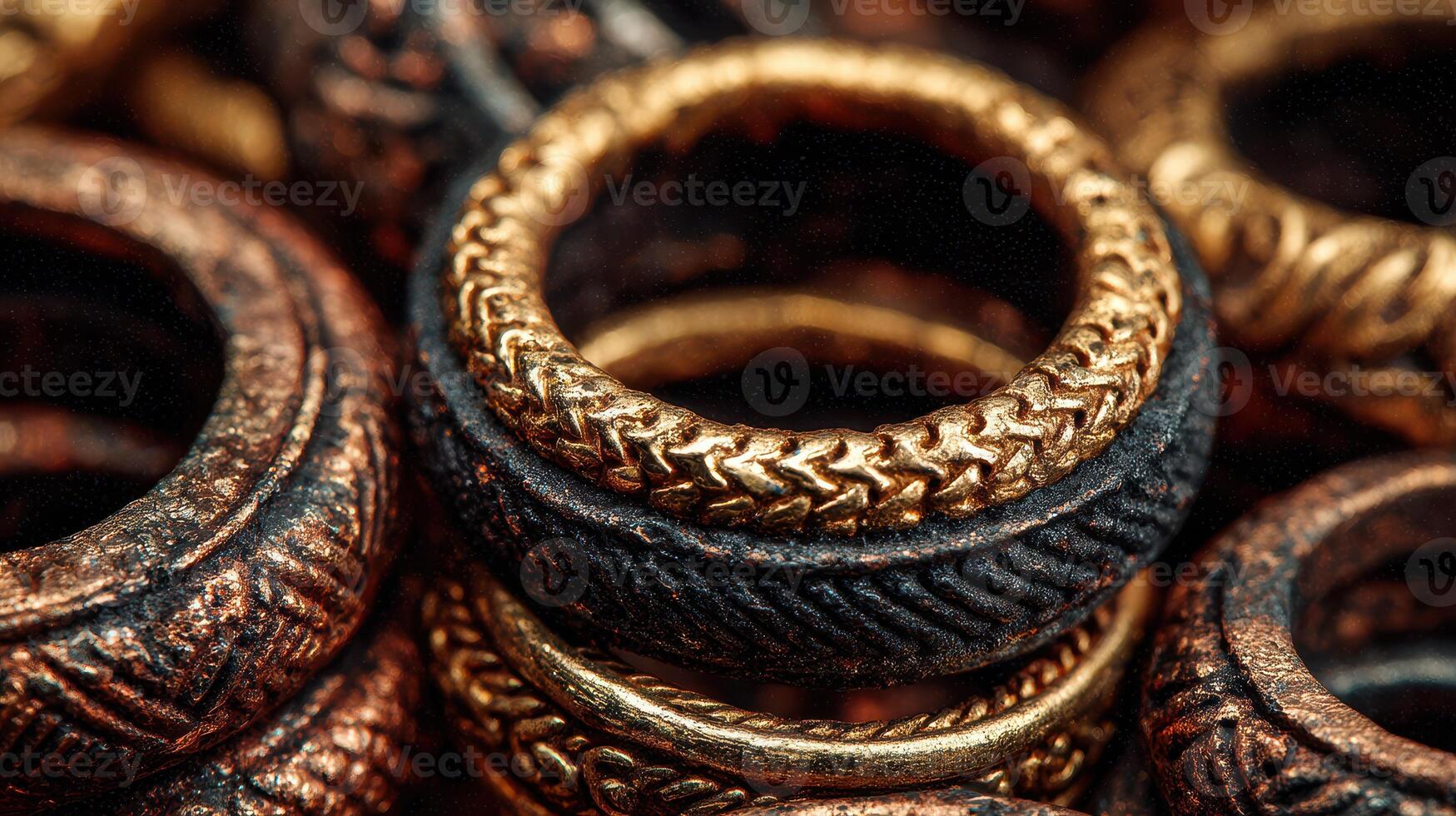 Collection of ornate rings showcasing intricate designs and textures on display in a jewelry store photo