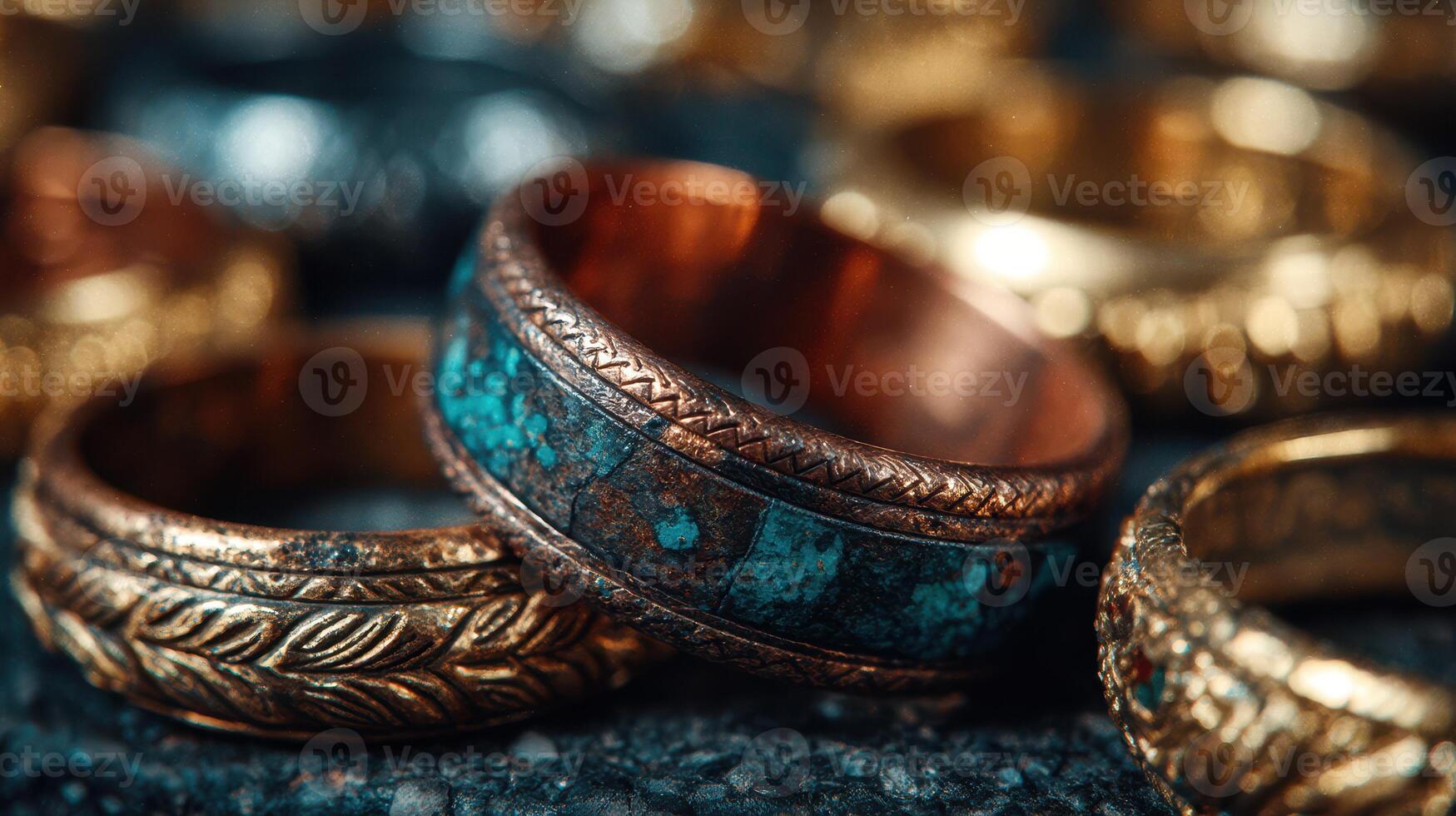 Intricate vintage rings displayed on textured surface showcasing unique designs and tones photo