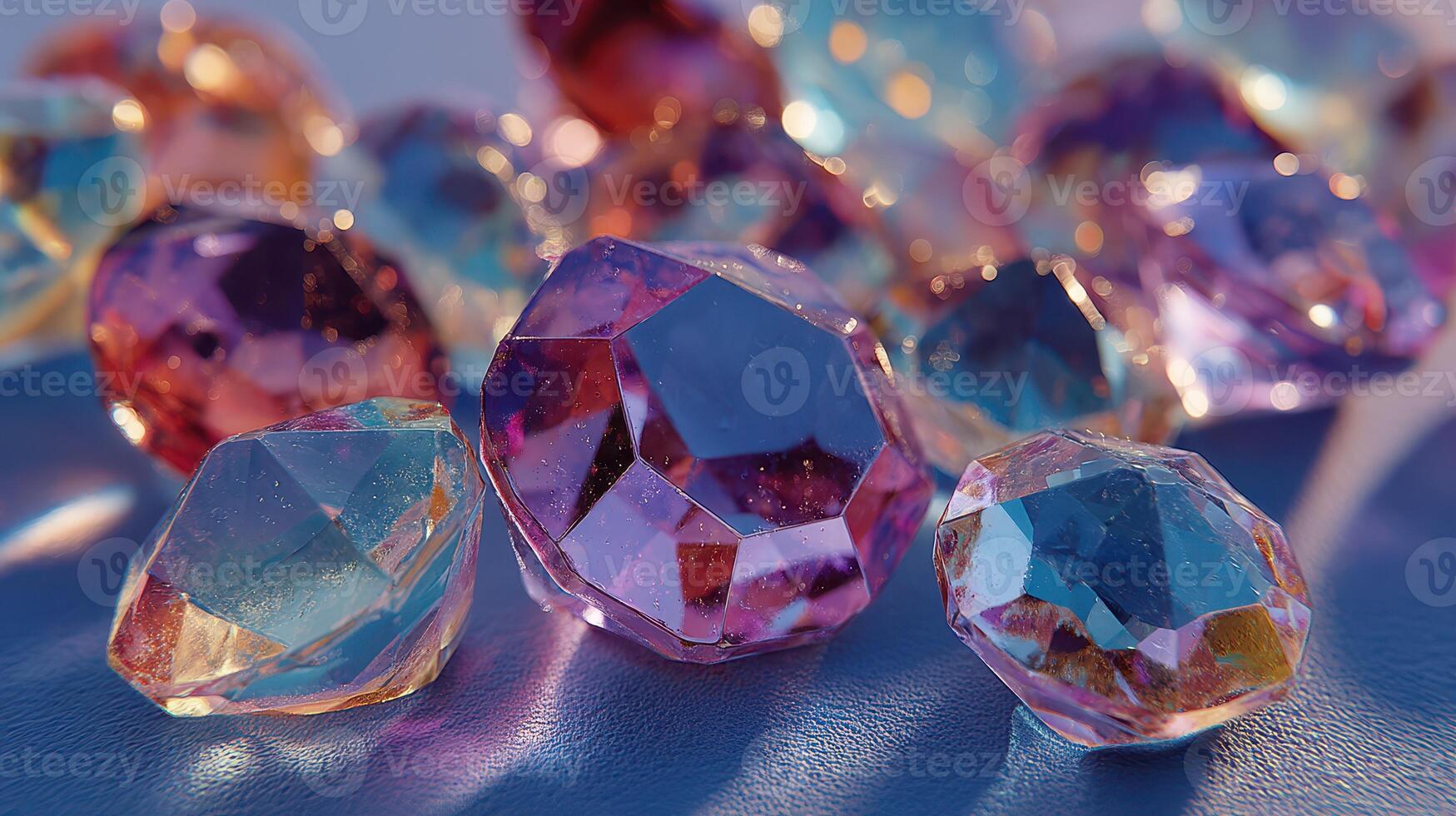 Colorful glass gems arranged artistically on a reflective surface under soft lighting photo