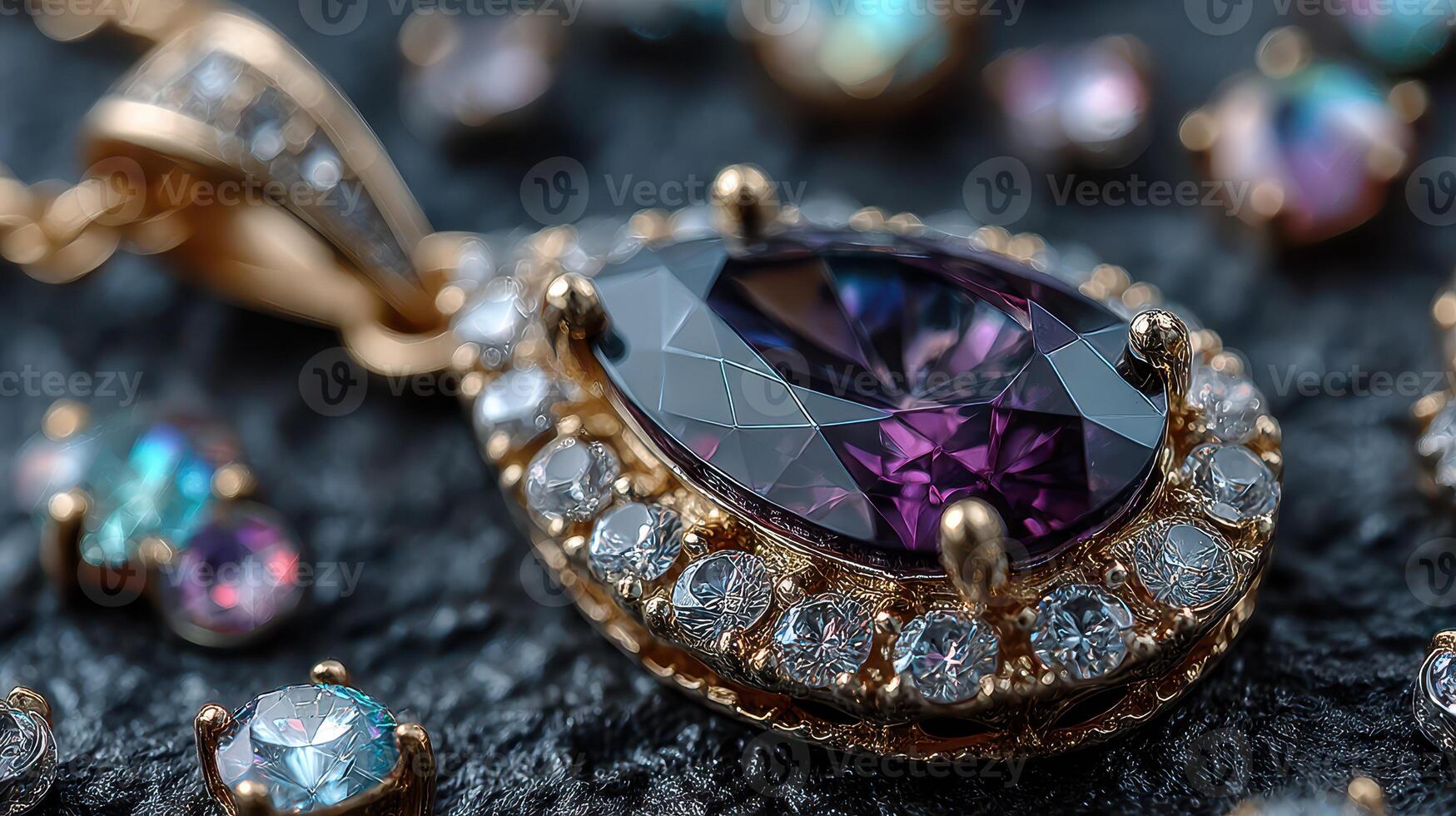 Beautiful jewelry pendant featuring an intricate gemstone design displayed against a textured background of sparkling stones photo